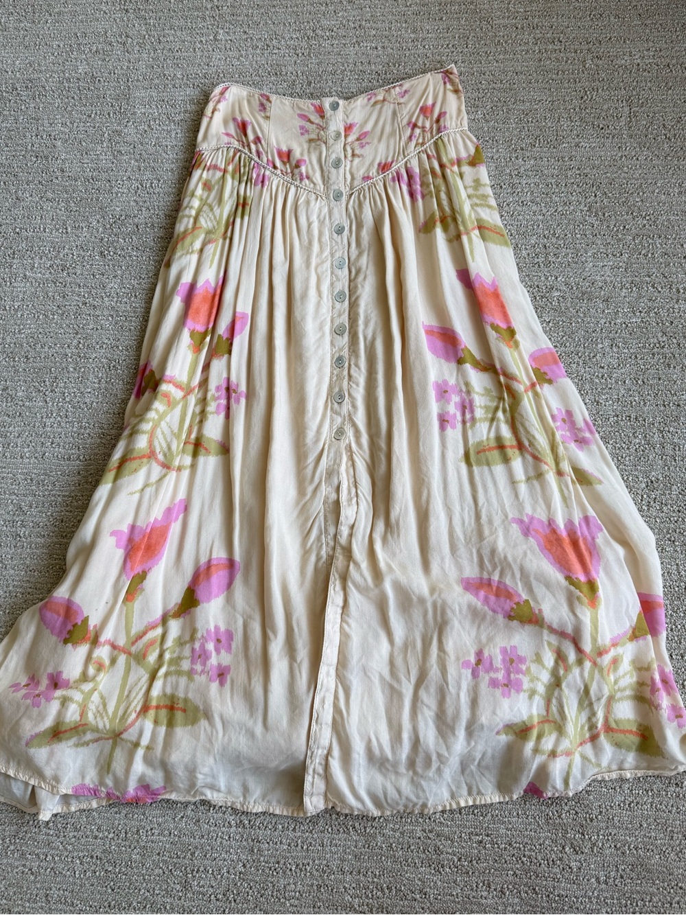 Free People Cream Maxi Skirt with Pink & Green Floral Print
